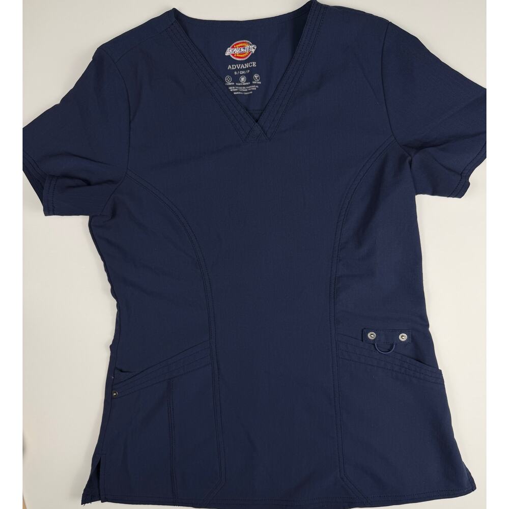 Dickies Advance Scrub Top Womens Small Navy Blue Stretch V Neck Medical